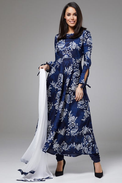 BLUE WHITE FLORAL LONG DRESS READYMADE SUIT