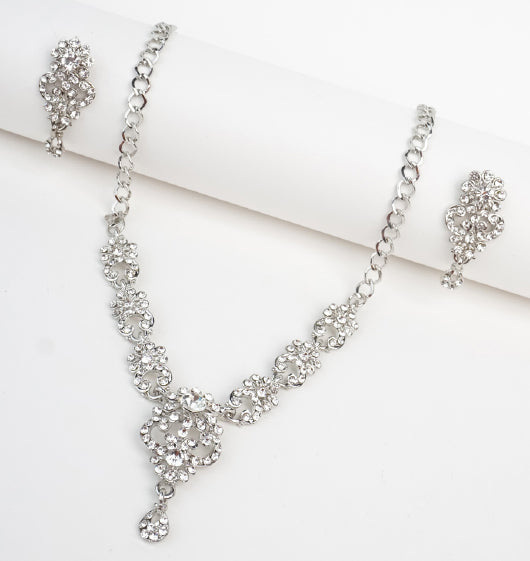 White Silver Crystal Necklace and Earrings Set