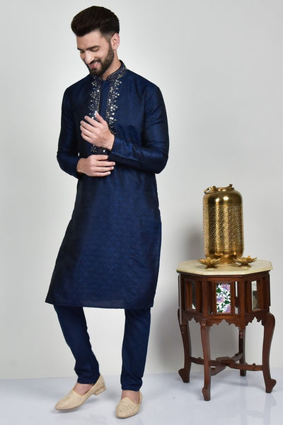 Navy Blue Sequin Embroidered Mens Kurta Pajama - Asian Party Wear
