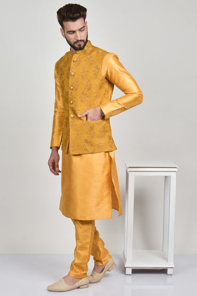 Mustard Brocade Design Mens Waistcoat - Asian Party Wear
