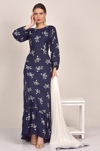 NAVY BLUE CREPE FLORAL PRINTED GOWN