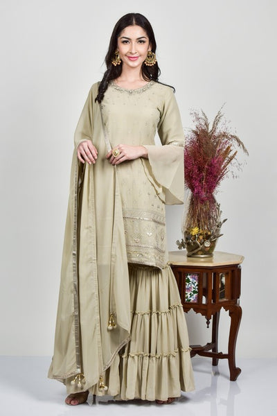 BEIGE INDIAN EMBROIDERED READYMADE GHARARA SUIT