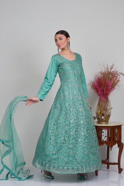 Dark Mint Shimmering Party Wear Gown | Elegant Evening Dres