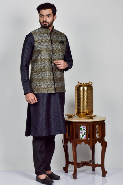 Grey Jamawar Indian Men's Waistcoat - Asian Party Wear