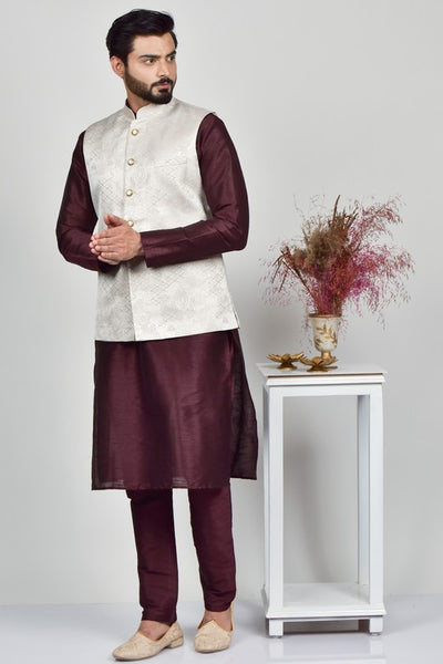 Cream Jamawar Formal Mens Waistcoat - Asian Party Wear