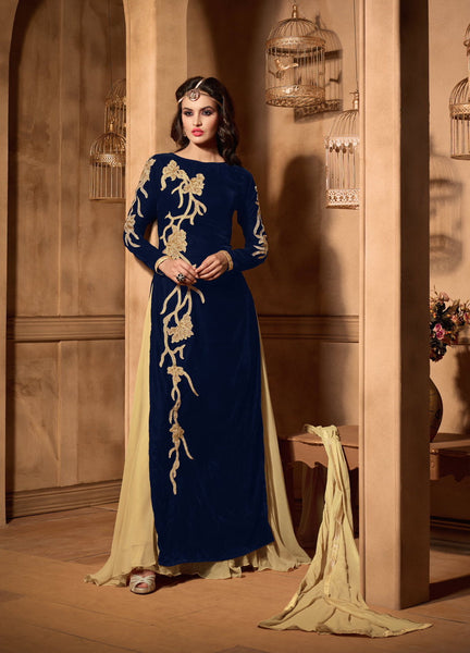 Blue & Beige Velvet Embroidered Palazzo Style Dress | Party Wear