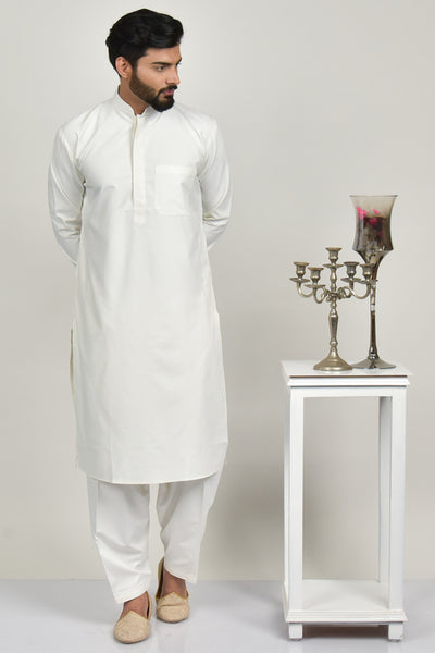 Cream Plain Eid Kurta for Men - Asian Party Wear