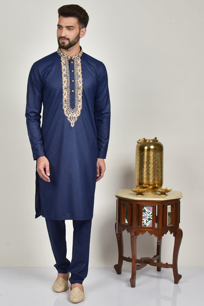 Navy Blue Embroidered Fancy Mens Kurta Pajama - Asian Party Wear