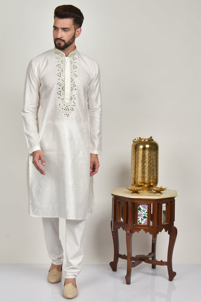 White Embroidered Mens Designer Kurta Pajama Set - Asian Party Wear