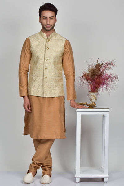 Gold Brocade Design Indian Mens Waistcoat - Asian Party Wear