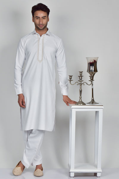 Mens White Embroidered Shalwar Kameez Suit - Asian Party Wear