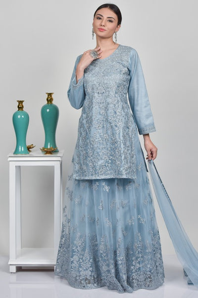 BLUE HEAVY NET EMBROIDERED INDIAN WEDDING LEHENGA READYMADE DRESS