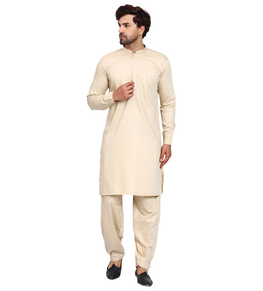 Fawn Pakistani Men's Readymade Kurta Set - Ready-to-Wear