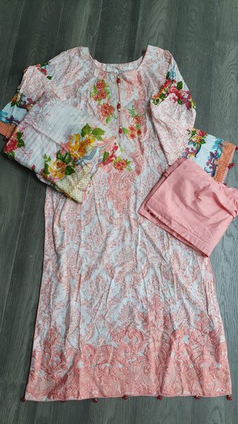 Coral Pink Floral Lawn Pakistani Suit with Embroidered Shawl