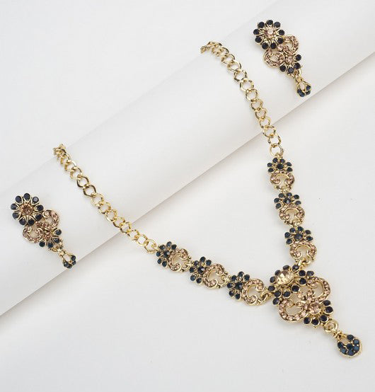 Delicate Navy Blue Gold Necklace Earrings Jewellery Set