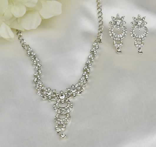 Silver Diamond Necklace Earring Jewellery Set