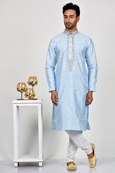 Sky Blue Embroidered Pakistani Mens Kurta Pajama - Asian Party Wear