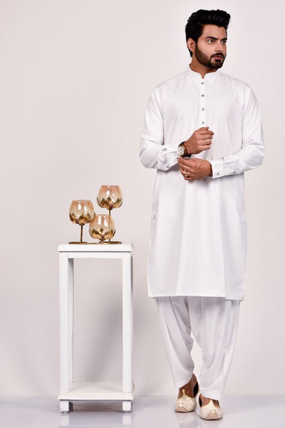 White Soft Fabric Kurta Shalwar for Men