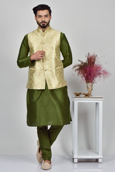Green Jamawar Formal Mens Waistcoat - Asian Party Wear
