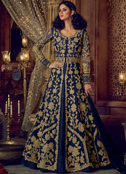 BLUE NIRVANA 5208 EMBROIDERED SLIT STYLE ANARKALI GOWN SEMI STITCHED ( DELIVERY IN 2 WEEKS ) - Asian Party Wear