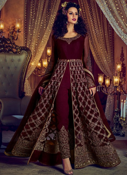 MAROON NIRVANA 5201 EMBROIDERED SLIT STYLE ANARKALI SEMI STITCHED GOWN ( DELIVERY IN 2 WEEKS ) - Asian Party Wear