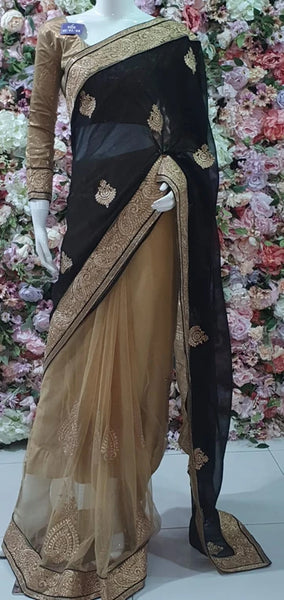 Gold & Black Designer Party Wear Saree - Asian Party Wear