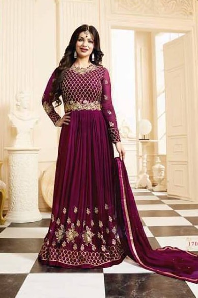 17001 PLUM GLOSSY SIMAR HEAVY EMBROIDERED SEMI STITCHED ANARKALI STYLE GOWN - Asian Party Wear