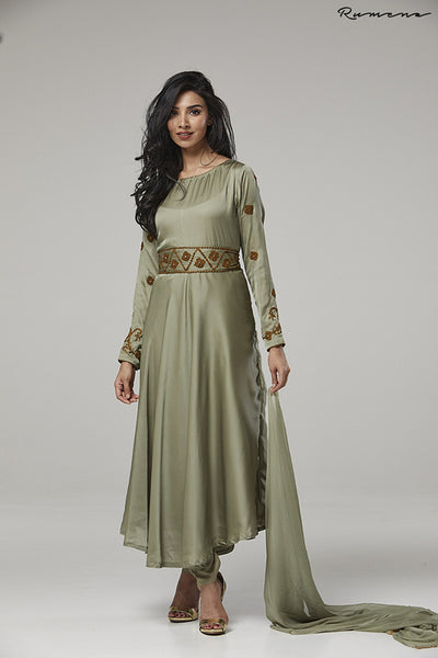 MOSS GREEN EID WEDDING PARTY DESIGNER ANARKALI SUIT - Asian Party Wear