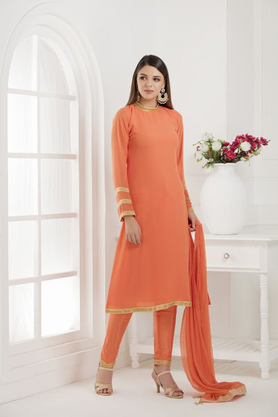 ORANGE SIMPLE STRAIGHT CUT DESIGNER READY MADE SUIT - Asian Party Wear