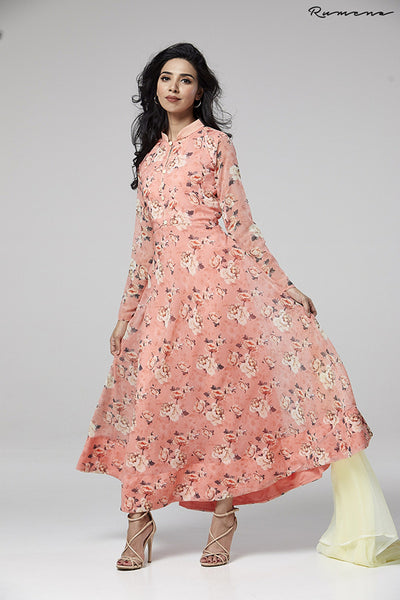 PEACH NOUGAT FLORAL PRINTED GEORGETTE READY MADE PARTY ANARKALI DESIGNER DRESS - Asian Party Wear