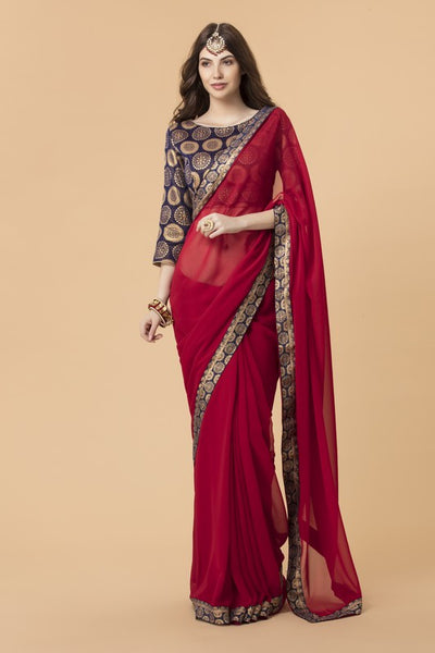 ZACS-700 RED GEORGETTE SAREE WITH BROCADE BLOUSE - Asian Party Wear