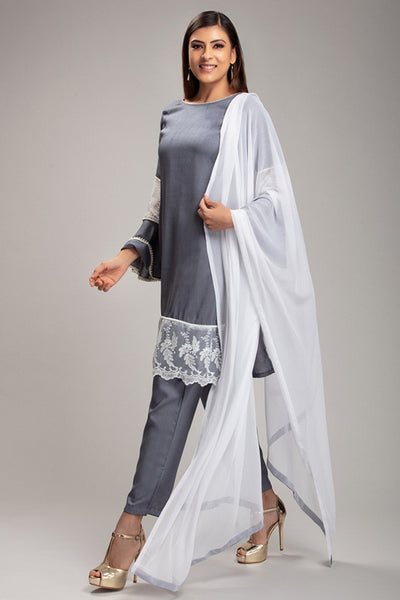 SMOKED GREY PAKISTANI DESIGNER PARTY WEAR SUIT - Asian Party Wear