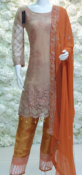 NUDE & ORANGE PEEL DESIGNER READYMADE CHIFFON SALWAR SUIT - Asian Party Wear