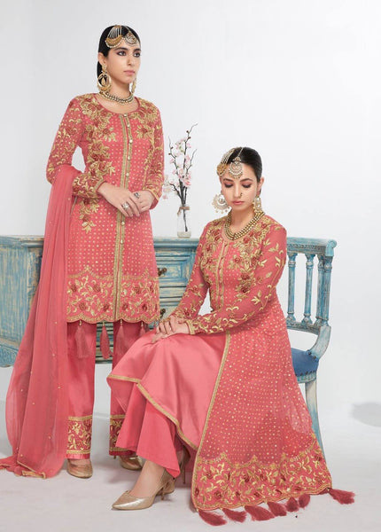PEACHY PINK HEROINE INDIAN WEDDING PALAZZO SUIT - Asian Party Wear