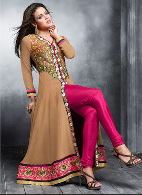 Brown and Magenta Georgette Embroidered Slit Style Anarkali Suit - Asian Party Wear