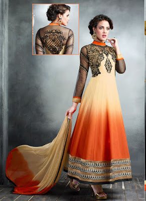 Beige and Orange Georgette Embroidered Slit Style Anarkali Suit - Asian Party Wear