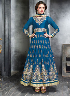 Teal Blue Georgette Embroidered Slit Style Anarkali Suit - Asian Party Wear