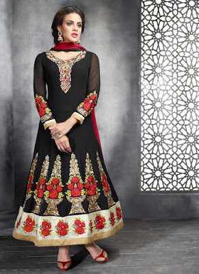 Black Georgette Embroidered Slit Style Anarkali Suit - Asian Party Wear