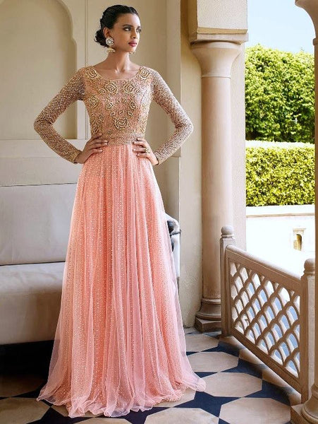 Peach Indian Wedding Gown Elegant Party Dress - Asian Party Wear