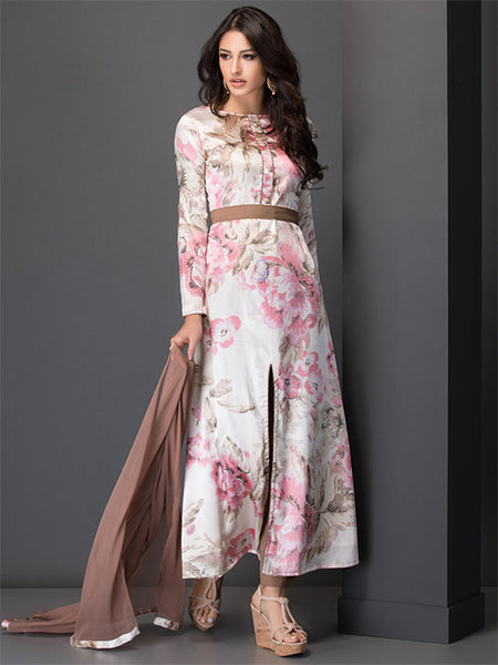 CREAM SOFT PASTEL FLOWER LONG LINE SLIT STYLE SUIT - Asian Party Wear
