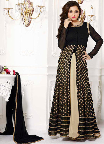 Black & Gold Indian Evening Wear Slit Style Gown - Asian Party Wear