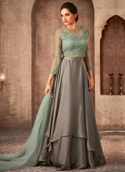 Green & Grey Wedding Wear Lehenga Dress - Asian Party Wear