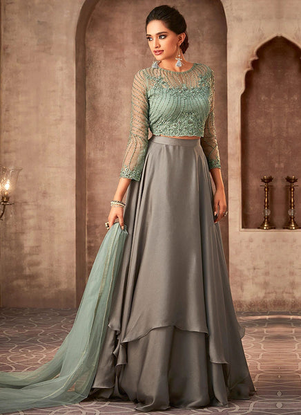 Green & Grey Wedding Wear Lehenga Dress - Asian Party Wear