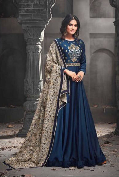 TEAL BLUE SILK EMBROIDERED ASIAN WEDDING GOWN (2 weeks delivery) - Asian Party Wear