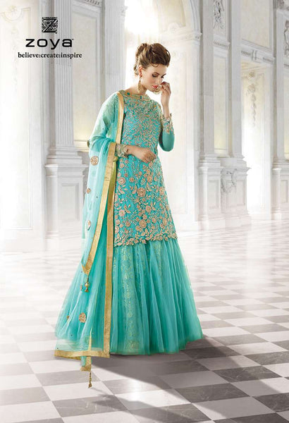 Turquoise Party Outfit Net Wedding Lehenga - Asian Party Wear