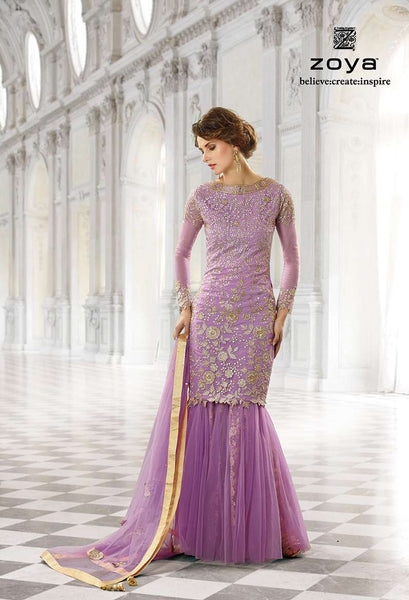 Lilac Embroidered Lehenga Princess Cut Dress - Asian Party Wear