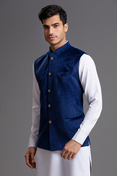 Royal Blue Men's Waistcoat Indian Velvet Menswear Jacket - Asian Party Wear