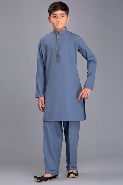 Kids Eid Outfit Coral Blue Pakistani Boys Kurta Shalwar Suit - Asian Party Wear