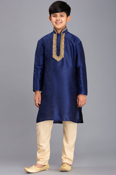NAVY BLUE EMBROIDERED KIDS KURTA AND PAJAMA SUIT - Asian Party Wear