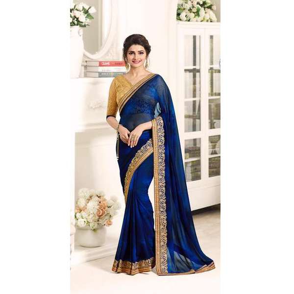 17701 TRUE BLUE AND GOLD KASEESH PRACHI GEORGETTE SAREE WITH HEAVY EMBROIDERED BLOUSE - Asian Party Wear